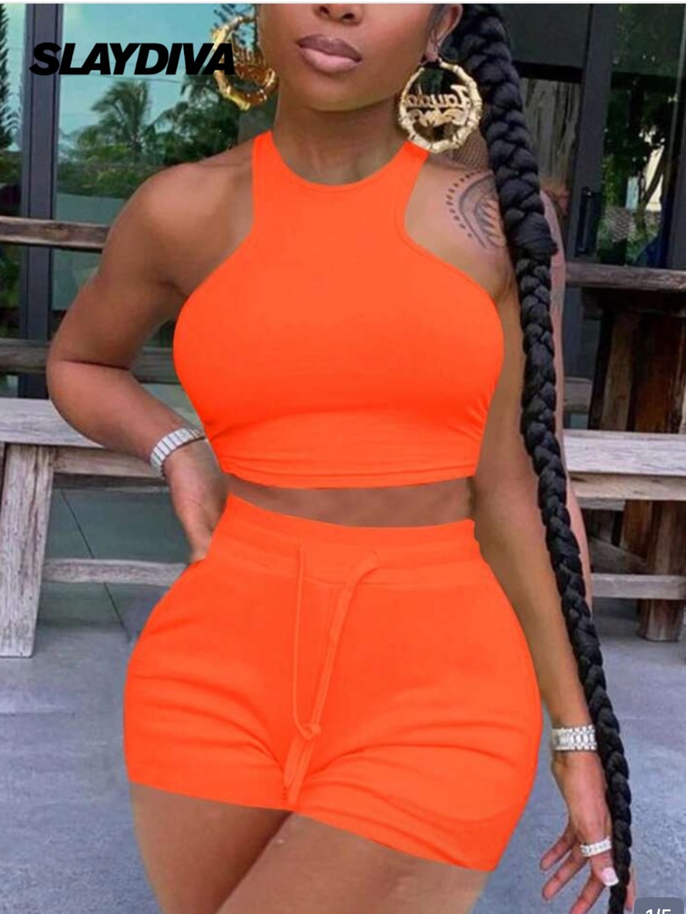 Orange High-Rise Drawstring Shorts 2 piece set .